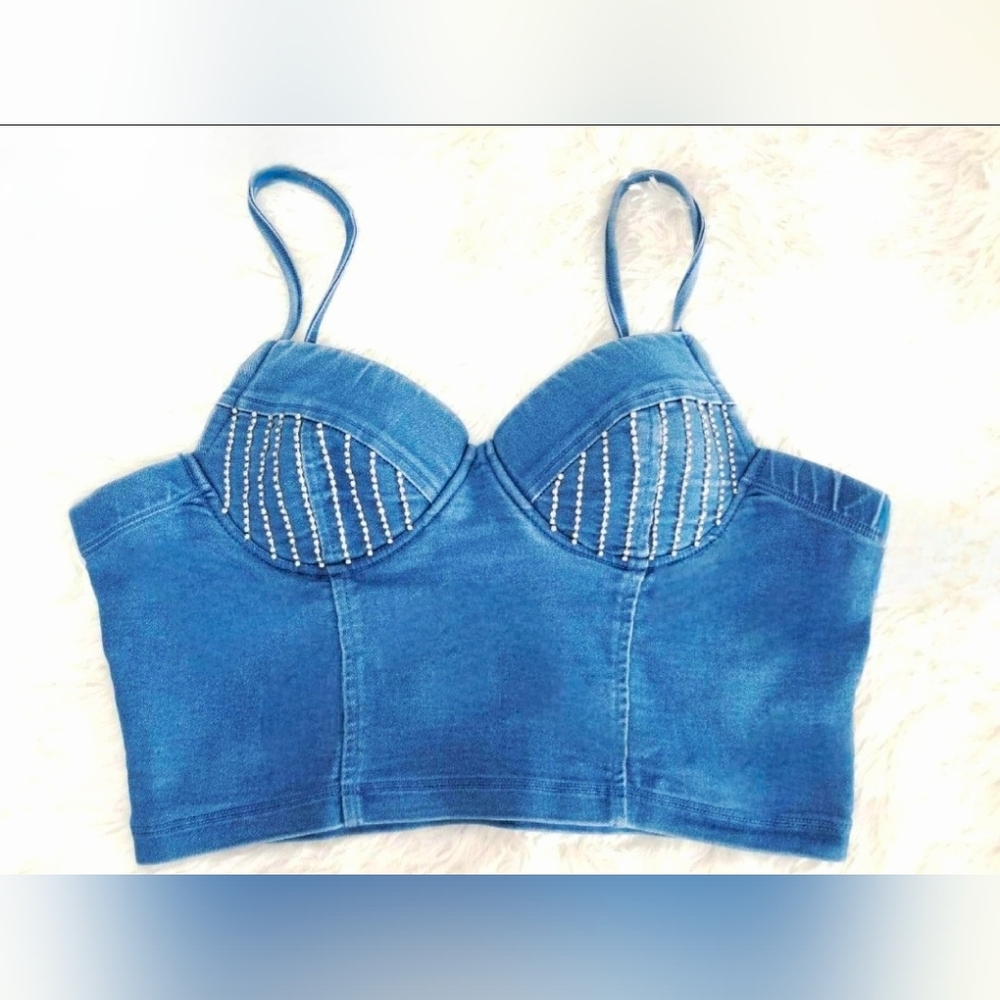 Haute Monde Denim Rhinestone Crop Top & Skirt - Picture 9 of 15
